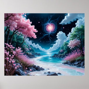 Poster Paysage Enchantant Avec Fleurs De Cerisiers Rose