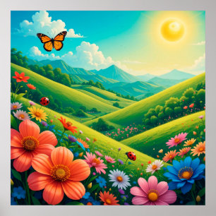 Poster Paysage Estival Magnifique Avec Des Fleurs Colorée