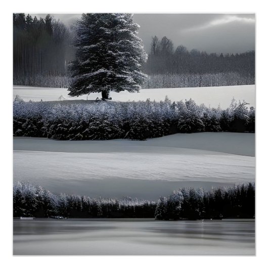 Poster Paysage et arbre d'hiver, noir et blanc - art (Devant)