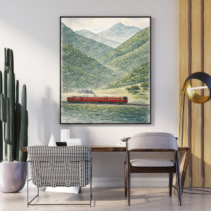 Poster Paysage ferroviaire de montagne train de campagn