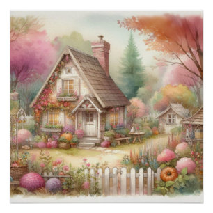 Poster Paysage floral de cottage rustique à l'aquarelle