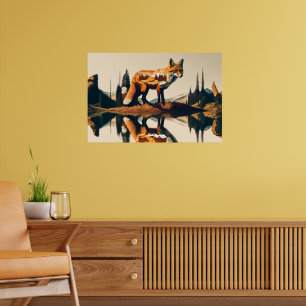 Poster Paysage forestier abstrait renard rouge AI Nature