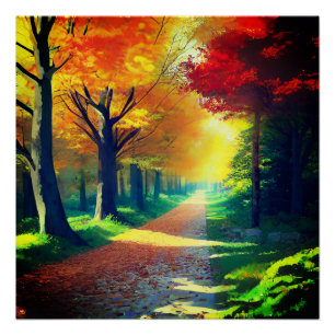 Poster Paysage forestier avec forêt arbres d'automne