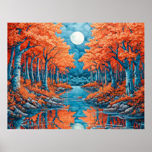 Poster Paysage forestier coloré avec des arbres d'automne