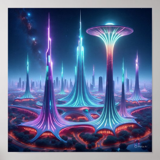 Poster Paysage futuriste Alien avec Spaceport (Devant)