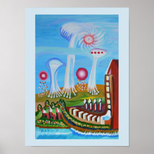 Poster Paysage futuriste avec des ovnis