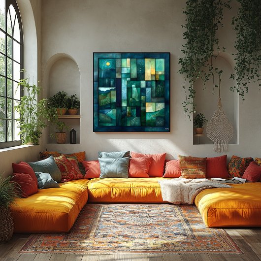 Poster Paysage géométrique Lune - Turquoise et vert