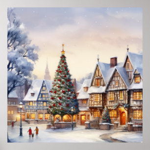 Poster Paysage hivernal aquarelle Village de Noël