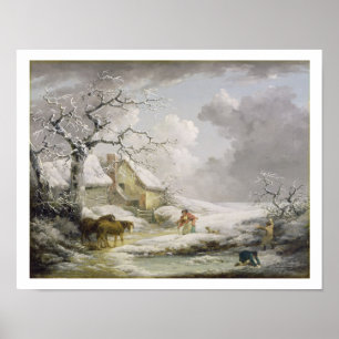 Poster Paysage hivernal avec des hommes Snowballing une v