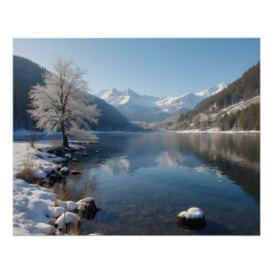 Poster Paysage hivernal avec lac de montagne