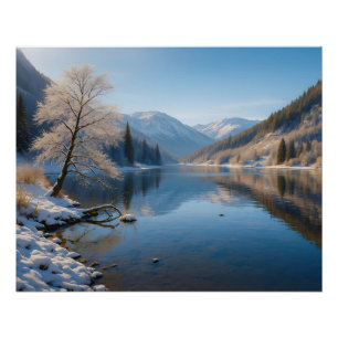 Poster Paysage hivernal avec un lac de montagne clair