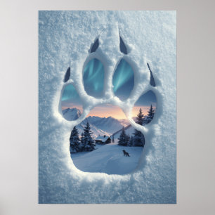 Poster Paysage hivernal empreinte de patte de loup magiqu