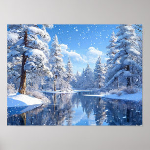 Poster Paysage hivernal enneigé Scène forestière paisible