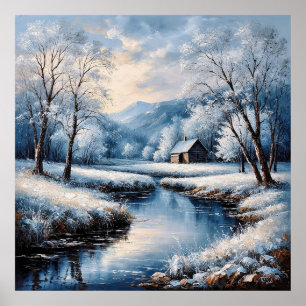 Poster Paysage hivernal pittoresque Avec Cabine et ruisse