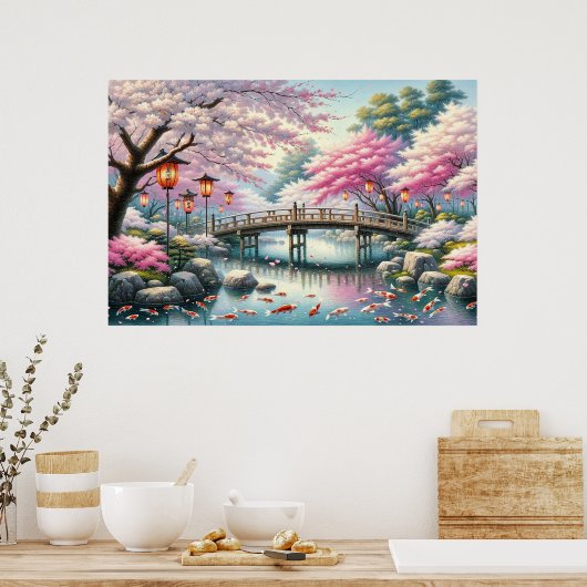 Poster Paysage japonais avec Pont, Koi et Sakura (Cuisine)