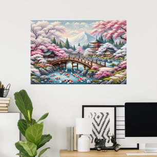Poster Paysage japonais avec Pont, Koi et Sakura