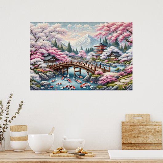 Poster Paysage japonais avec Pont, Koi et Sakura (Cuisine)