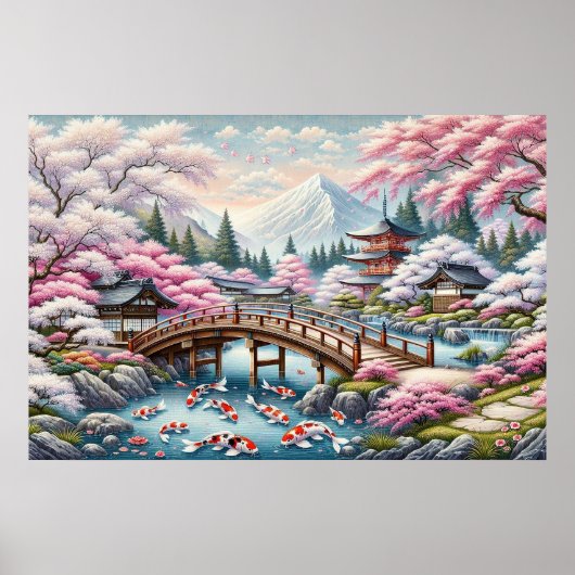 Poster Paysage japonais avec Pont, Koi et Sakura (Devant)