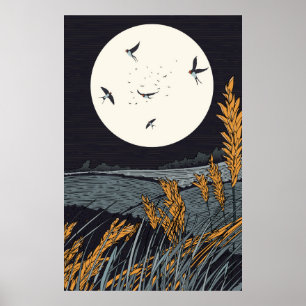 Poster Paysage japonais vintage la nuit