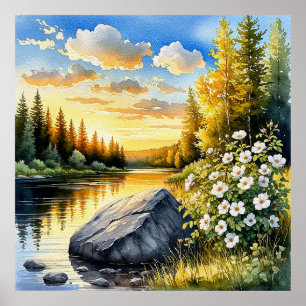 Poster Paysage lacustre tranquille au coucher du soleil