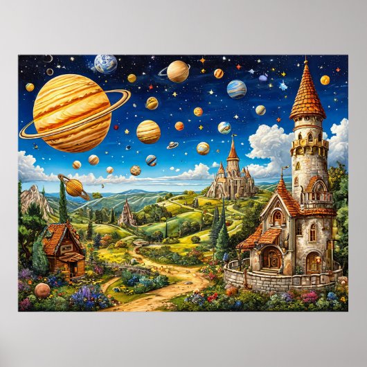 Poster Paysage magique avec châteaux et espace extra-atmo (Devant)