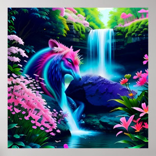Poster Paysage magique Cascade et fleurs deux