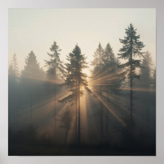 Poster Paysage matinal de forêt brumeuse