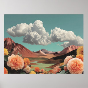 Poster Paysage Montagnard Floral Surréaliste Avec Nuages