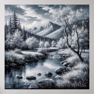 Poster Paysage montagneux majestueux avec rivière et pins