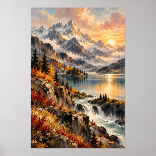Poster Paysage mural du lac et de la cascade de la montag