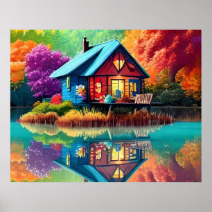 Poster Paysage naturel avec lac, chalet, automne