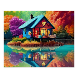 Poster Paysage naturel avec lac, chalet, automne