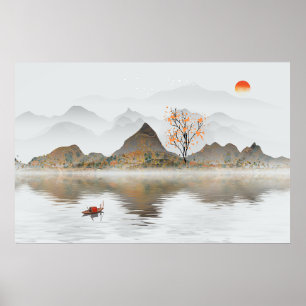 Poster Paysage naturel chinois peinture à l'encre