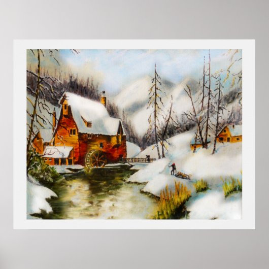 Poster Paysage neigeux avec roue d'eau (Devant)