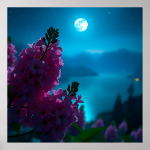 Poster Paysage nocturne de lune et de fleurs Clair de lun