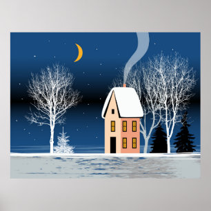 Poster Paysage nocturne d'hiver. Maison cosy, divers arbr