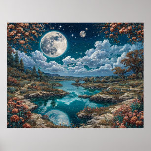 Poster Paysage nocturne serein avec pleine lune