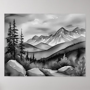 Poster Paysage noir et blanc peinture de montagnes