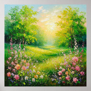 Poster Paysage printanier paisible avec une verdure luxur
