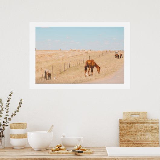 Poster Paysage rural Chevaux sauvages Champs Oiseaux (Cuisine)