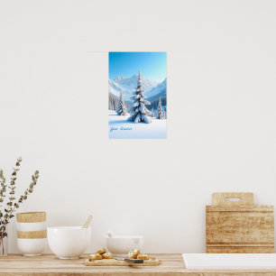 Poster Paysage serein de montagne enneigée et pin d'hiver