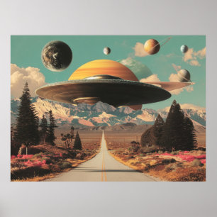 Poster Paysage surréaliste avec route, OVNI et Saturne
