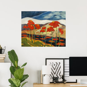 Poster Paysage surréaliste moderniste aux coquelicots rou