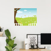 Poster Paysage Sympa Avec Oiseaux Chanteurs Et Arbres (Bureau à domicile)