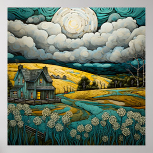 Poster Paysage Tranquille Avec Charmante Ferme