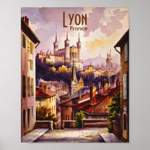 Poster Paysage urbain à l'aquarelle vintage de Lyon Franc