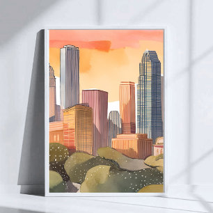Poster Paysage urbain au coucher du soleil   Aquarelle de