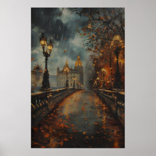Poster Paysage urbain automnal, nuit pluvieuse, Art, Pari