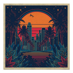 Poster Paysage urbain coloré rétro futuriste de style gri