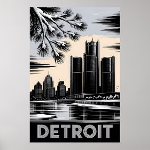 Poster Paysage urbain de Détroit en noir et blanc gravure